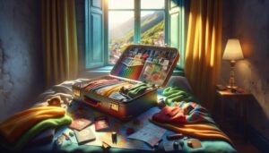 An open suitcase packed with clothes, colored pencils, paints, and travel items sits on a bed by a window. Passports, maps, and a Belize Travel Guide are scattered in the cozy room, warmly lit with mountain views outside.