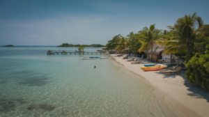 Discover Belize Secret Beach, a hidden gem with clear turquoise water, colorful kayaks on the shore, lounge chairs under palms, thatched-roof huts, and a wooden pier stretching into the sea—a travel guide favorite for relaxation.