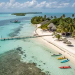 Aerial view of Belize Secret Beach, a hidden gem with clear turquoise water, palm trees, a long wooden pier, thatched-roof huts, and colorful kayaks and boats on the sand under a partly cloudy sky—perfect for any travel guide.