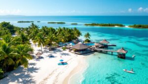 A tropical beach with white sand, clear turquoise water, palm trees, and thatched-roof huts. Discover Belize Secret Beach—one of the region’s hidden gems—where people swim, kayak, and sunbathe near wooden piers and distant islands.