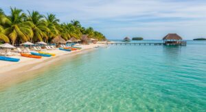 A tropical beach with clear turquoise water, palm trees, thatched umbrellas, colorful kayaks on the sand, and wooden huts on a pier stretching over the sea under a blue sky—Belize Secret Beach is truly one of the region’s hidden gems.