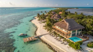 Aerial view of Coco Belize Resort’s beachfront villa with a thatched roof, private pool, and lounge chairs on the sand, beside turquoise water and a wooden dock—your luxury stay for 2025 amid lush shoreline greenery.
