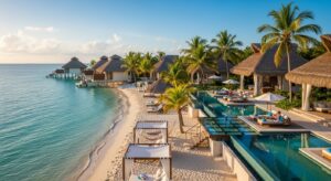 Experience Coco Belize Resort in 2025—luxury beachfront stays with thatched-roof villas over water, private pools, palm trees, and turquoise ocean views all under a sunny sky.