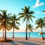 A sandy beach with rows of palm trees, lounge chairs, and straw umbrellas facing a calm blue sea at sunrise or sunset—perfect for Belize travelers seeking relaxation and breathtaking views.