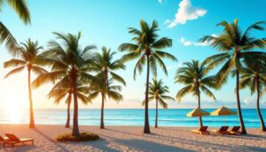 A sandy beach with rows of palm trees, lounge chairs, and straw umbrellas facing a calm blue sea at sunrise or sunset—perfect for Belize travelers seeking relaxation and breathtaking views.