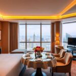 Experience one of the top accommodations at Hotel Belize City—a modern hotel room with a large bed, round dining table for four, armchairs, flat-screen TV, and floor-to-ceiling windows showcasing stunning city skyline views.