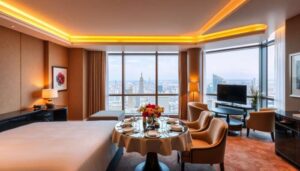 Experience one of the top accommodations at Hotel Belize City—a modern hotel room with a large bed, round dining table for four, armchairs, flat-screen TV, and floor-to-ceiling windows showcasing stunning city skyline views.