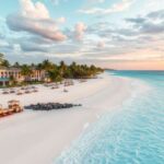 A beachfront resort in Placencia Village, Belize, with palm trees, lounge chairs, and cabanas lines a wide sandy shore next to calm turquoise water under a partly cloudy sky at sunset—a perfect spot for any beach guide.