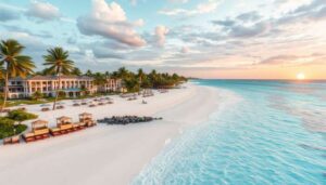 A beachfront resort in Placencia Village, Belize, with palm trees, lounge chairs, and cabanas lines a wide sandy shore next to calm turquoise water under a partly cloudy sky at sunset—a perfect spot for any beach guide.