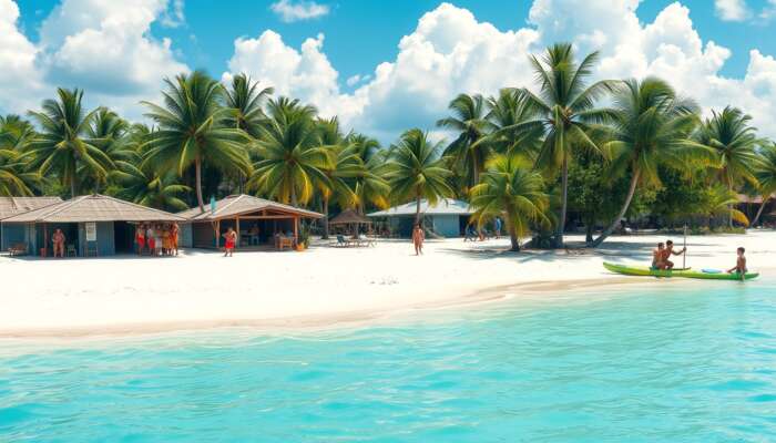 A stunning beach scene in Placencia Village with white sands, turquoise waters, palm trees, colorful huts, and tourists enjoying kayaking and beach volleyball under a clear blue sky.