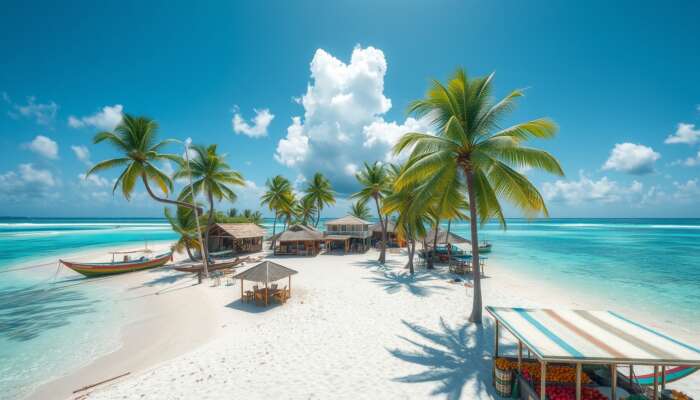 Scenic view of Placencia Village in Belize, showcasing white sandy beaches, palm trees, colorful houses, fishing boats, and a bustling local market.