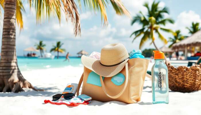 Beach bag essentials for a trip to Placencia Village, including sunscreen, swimwear, a wide-brimmed hat, sunglasses, and a reusable water bottle, with a sunny beach scene in the background.