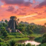 A large stone pyramid stands amidst dense green vegetation and palm trees under a vibrant orange and pink sunset sky, with a river flowing nearby and hills visible in the background—a scene straight from an Alaia Belize Travel Guide.