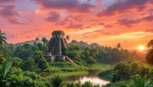 A large stone pyramid stands amidst dense green vegetation and palm trees under a vibrant orange and pink sunset sky, with a river flowing nearby and hills visible in the background—a scene straight from an Alaia Belize Travel Guide.