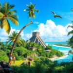 A tropical scene with palm trees, people, and birds near a coastline; a large ancient stone pyramid stands in the background—perfect for those seeking Luxury Getaways or discovering the Best Resorts in Belize in 2025.