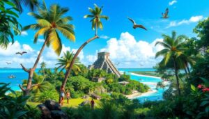 A tropical scene with palm trees, people, and birds near a coastline; a large ancient stone pyramid stands in the background—perfect for those seeking Luxury Getaways or discovering the Best Resorts in Belize in 2025.