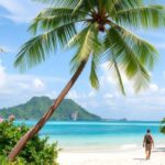 A traveler walks along a sandy beach lined with palm trees and tropical plants. The turquoise ocean and a green mountainous island are visible in the background under a mostly blue sky with some clouds—ideal for travelers mindful of safety tips.