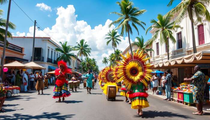 Vibrant street scene in Belize City during Garifuna Settlement Day featuring traditional dancers in colorful costumes, musicians playing drums and flutes, local food stalls, and historic colonial buildings under a bright blue sky.