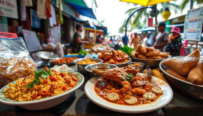 A vibrant Belize City market scene featuring a colorful plate of Rice and Beans with stewed chicken, a bowl of rich fish stew (Sere) garnished with herbs, fried plantains, and street vendors selling Panades in a bright tropical setting.