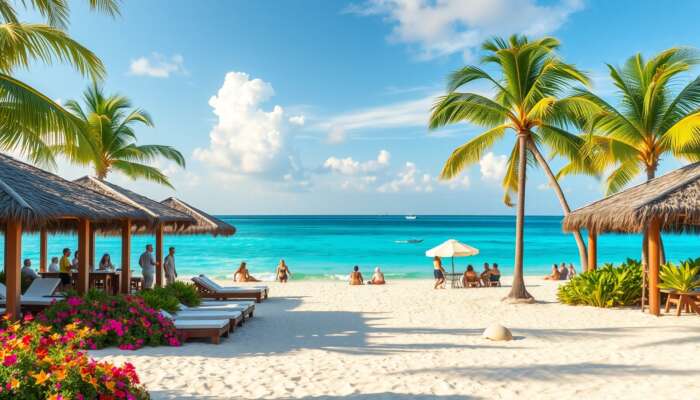 A picturesque beach at an all-inclusive resort in Belize, showcasing luxurious cabanas, tropical flowers, a clear ocean, and guests engaged in swimming, sunbathing, and dining under palm trees during sunset.