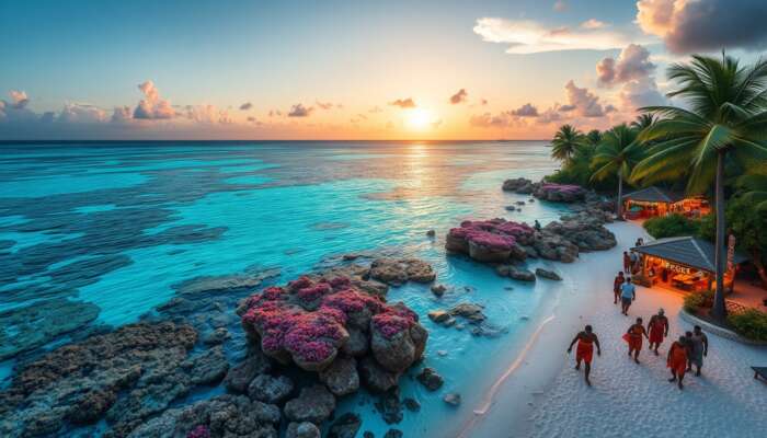 Vibrant aerial view of San Pedro Island in Belize, with turquoise waters, colorful coral reefs, palm beaches, and locals at a sunset festival.