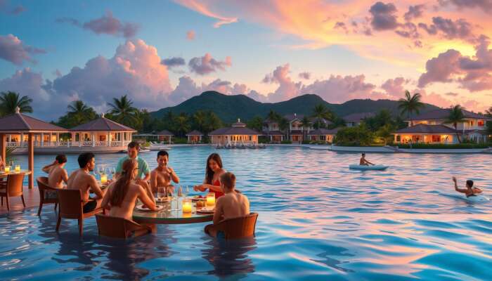 A luxurious all-inclusive resort at sunset: guests enjoying an outdoor buffet, water sports, spa relaxation, and vibrant entertainment.