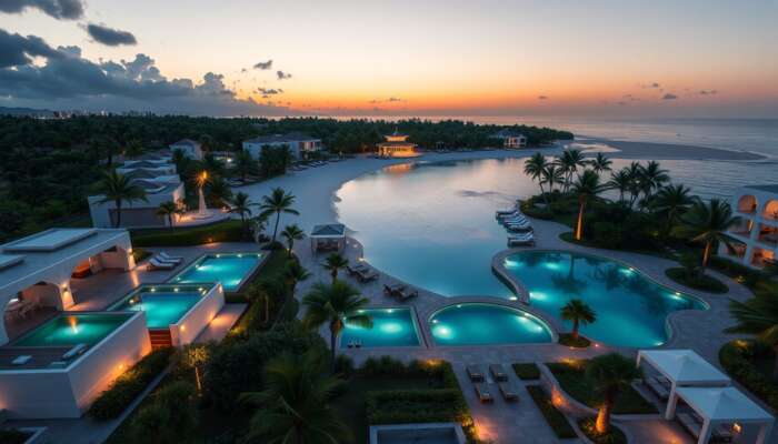 Luxurious beachfront resort at dusk: elegant white villas with infinity pools, lush tropical gardens, turquoise waters, and a serene spa pavilion.