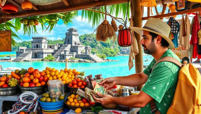 A traveler exchanges colorful Belize currency at a bustling market stall, surrounded by exotic fruits, ancient Mayan ruins, and turquoise waters.