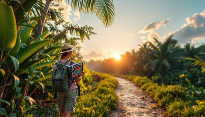 A traveler consults a XamanekBelize guidebook with a local expert on a serene Belize jungle path at dawn, surrounded by vibrant foliage.