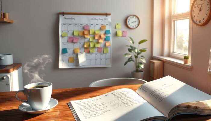 A cozy kitchen in the morning with a steaming cup of coffee, a colorful wall calendar, an open planner with notes, sunlight streaming through a window, and a clock showing 7:00 AM.