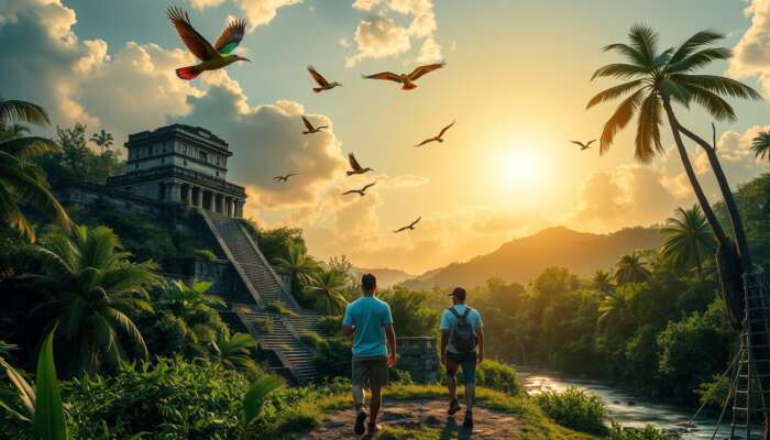 A knowledgeable guide leads adventurers through ancient Mayan ruins in Belize's lush rainforest, with birds soaring, rivers flowing, and a golden sunset.