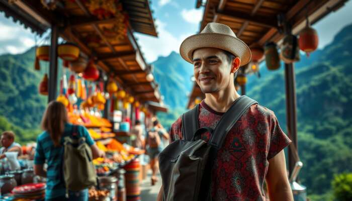 A traveler exploring a bustling market with colorful stalls, hiking lush green mountains, and joining a hands-on cooking class for cultural growth.