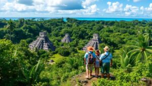 Three people stand on a hilltop overlooking ancient Mayan pyramids and lush jungle, with the ocean beyond—a view that captures the magic of Belize Resorts and the adventure awaiting in 2025.