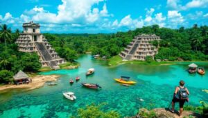 A person with a backpack overlooks turquoise water dotted with small boats near ancient, pyramid-like stone structures in the dense Belizean jungle—a perfect spot to put your Language Guide Belize to use under a partly cloudy sky.