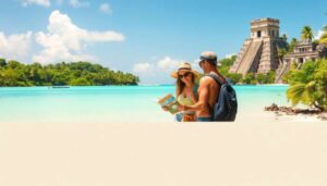A couple in summer clothes and hats stands on a tropical beach, travel planning with a map. Clear turquoise water, a lush green island, and a large ancient stone temple are visible in the background under a blue sky.