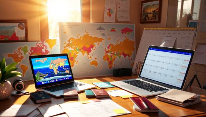 A traveler at a sunlit desk surrounded by colorful world maps, a laptop showing tropical beaches, passports, a detailed calendar, and motivational notes.