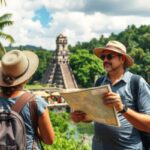 Two tourists wearing hats and backpacks stand near a river, holding a map, exploring must-see attractions with a stone temple in the background under a partly cloudy sky.