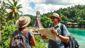 Two tourists wearing hats and backpacks stand near a river, holding a map, exploring must-see attractions with a stone temple in the background under a partly cloudy sky.
