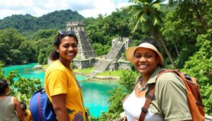 Two women with backpacks smile at the camera in front of ancient stone ruins in Belize, surrounded by tropical greenery and turquoise water, with other people and lush hills completing this geographic guide to adventure.