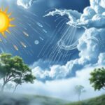 Illustration showing a sun, rain, wind, clouds, and trees under a partly cloudy sky, representing different weather patterns on a grassy landscape—a perfect visual for any climate guide.