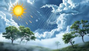 Illustration showing a sun, rain, wind, clouds, and trees under a partly cloudy sky, representing different weather patterns on a grassy landscape—a perfect visual for any climate guide.