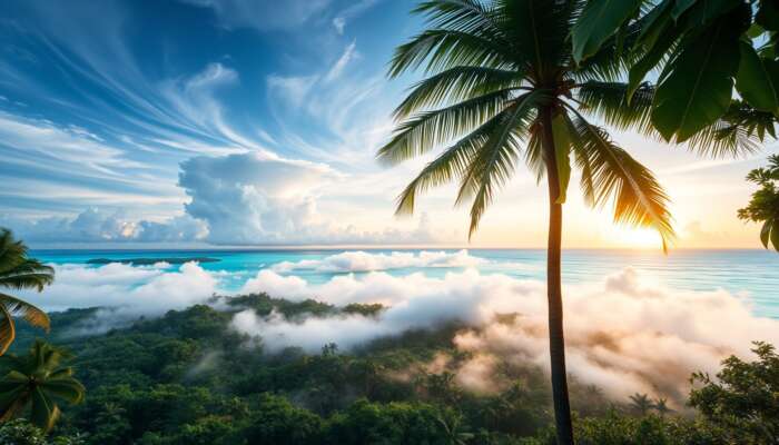 Tropical Belize scene at dawn: swirling winds with mist over lush jungles and turquoise waters, showing towering clouds and weather patterns.
