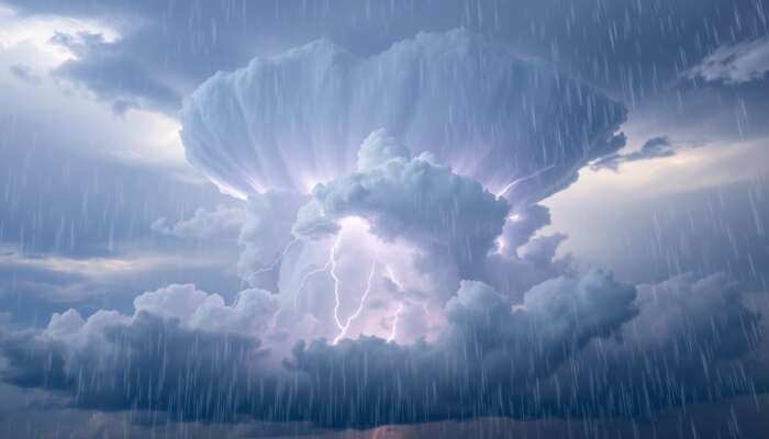 A towering cumulonimbus cloud with an anvil-shaped top in a stormy sky, featuring lightning flashes and rain from heavy downpours to light drizzles.