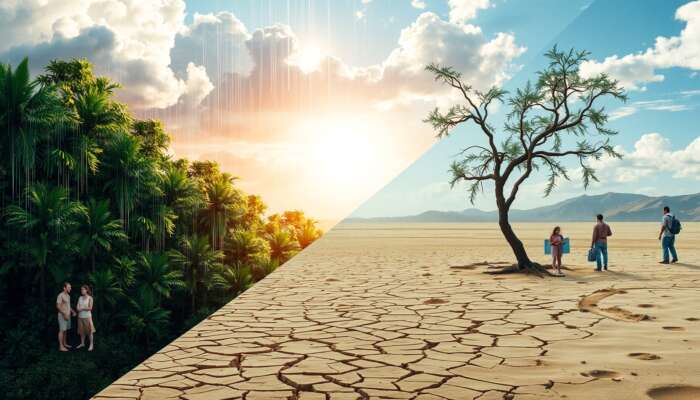 A split scene: lush tropical forest with dense clouds, rain, and sweaty people versus parched desert with clear skies, cracked earth, and dehydrated figures.