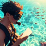 A person wearing scuba gear and holding a notebook floats in clear blue water above coral reefs and swimming fish, with sunlight streaming through the surface—an ideal scene for a Diving Guide to share essential Diving Tips.