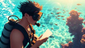 A person wearing scuba gear and holding a notebook floats in clear blue water above coral reefs and swimming fish, with sunlight streaming through the surface—an ideal scene for a Diving Guide to share essential Diving Tips.