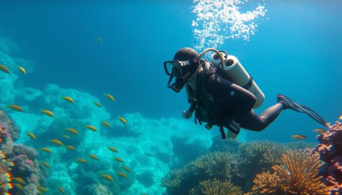 A diver in a wetsuit, mask, fins, and tank explores vibrant coral reefs teeming with tropical fish in clear Belizean waters.