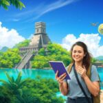 A young woman holding a notebook stands by tropical water near a Top-Rated Belize Resort, with palm trees, boats, and people nearby. A large ancient pyramid sits on a lush island in the background under a blue 2025 sky with clouds and a flying airplane.