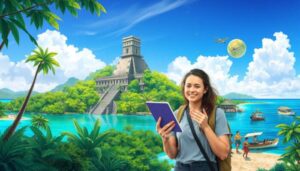 A young woman holding a notebook stands by tropical water near a Top-Rated Belize Resort, with palm trees, boats, and people nearby. A large ancient pyramid sits on a lush island in the background under a blue 2025 sky with clouds and a flying airplane.