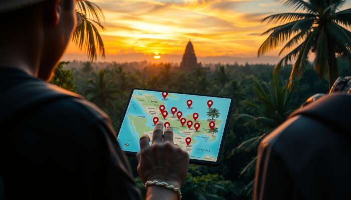 A traveler in lush Belize jungles examines an interactive map on a tablet, highlighting hidden beaches and ancient ruins under a vibrant sunset sky.